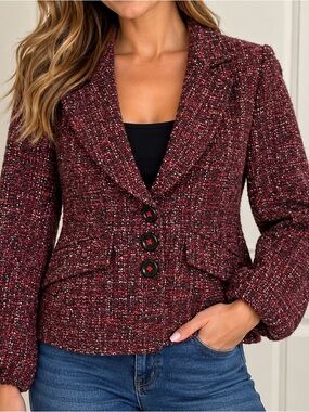 Nanette Lepore Burgundy Tweed Blazer Size 4